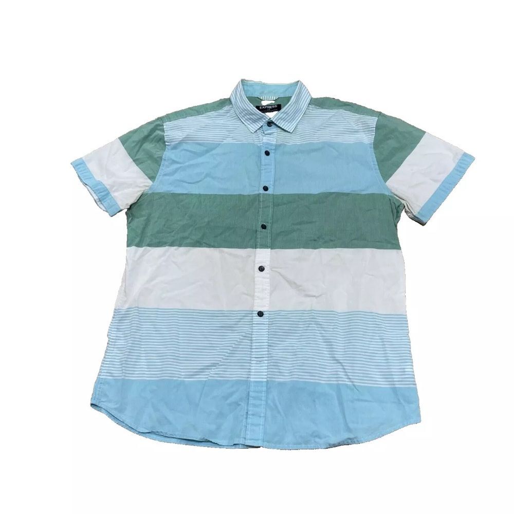 EXPRESS Button Shirt Men L ColorBlock Y2k Stripe Blue Green Retro Preppy Mall